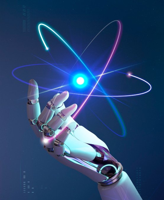 Robotic hand reaching toward a glowing atom symbol with orbiting particles. The futuristic scene symbolizes technology, artificial intelligence, and scientific advancement, set against a dark blue background with neon accents.