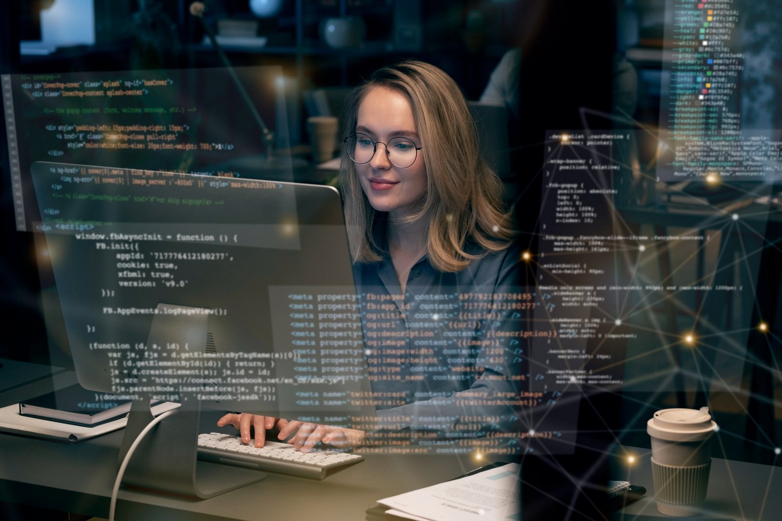 Woman working on a computer with lines of code superimposed on the image. She is focused, wearing glasses, and typing at her desk in a dimly lit office. The scene conveys a high-tech environment, symbolizing software development, programming, or cybersecurity.